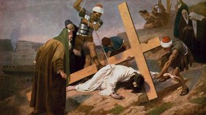 Jezus valt voor de derde keer terwijl hij zijn kruis draagt